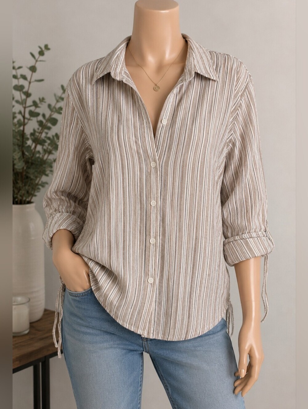 Moments Striped Button Front Top Plus Size 3X Brown White Cotton Stretch